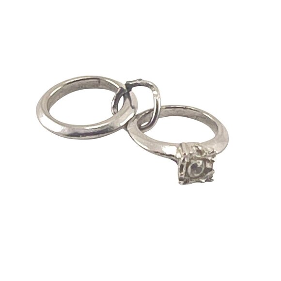 Sterling Silver Wedding Ring Charm Double Ring With Crystal Solitaire - Picture 2 of 6